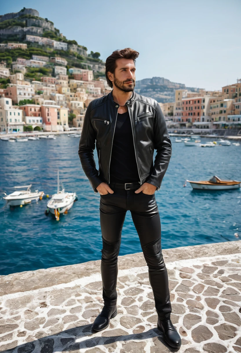 A 35 years old man, with a black pants,white social shirt, italian background, hands on the pocket, a black leather jacket with zippers and zippered sleeves, black leather slim clothes, black leather garment, very aesthetic leather jacket, leather jackets, black leather jacket, leather jacket, black leather, leather, wearing leather jacket, black draconic - leather, wearing a leather jacket, leather padding, wearing samcrow leather jacket, clothing photography ,amazing italian background, 4k, realistic ,boats are docked in the water near a town on a hill, italian mediterranean city, mediterranean island scenery, italy, southern european scenery, gulf of naples, beautiful italian beach scene, mediterranean city, capri coast, fantasy italy, naples, mediterranean, beautiful place, mediterranean vista, beauitful, incredibly beautiful, unknown, beautiful high resolution, happy italian beach scene, imposing