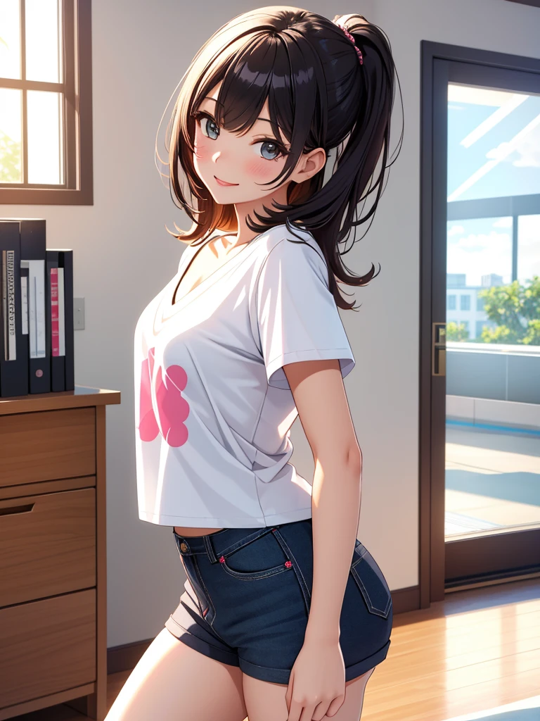 best quality, 1girl, masterpiece ultra detailed, illustration, glossy lips, indoors, standing, (short shorts, micro_shorts, v-neck t-shirt), light smile, looking back at viewer