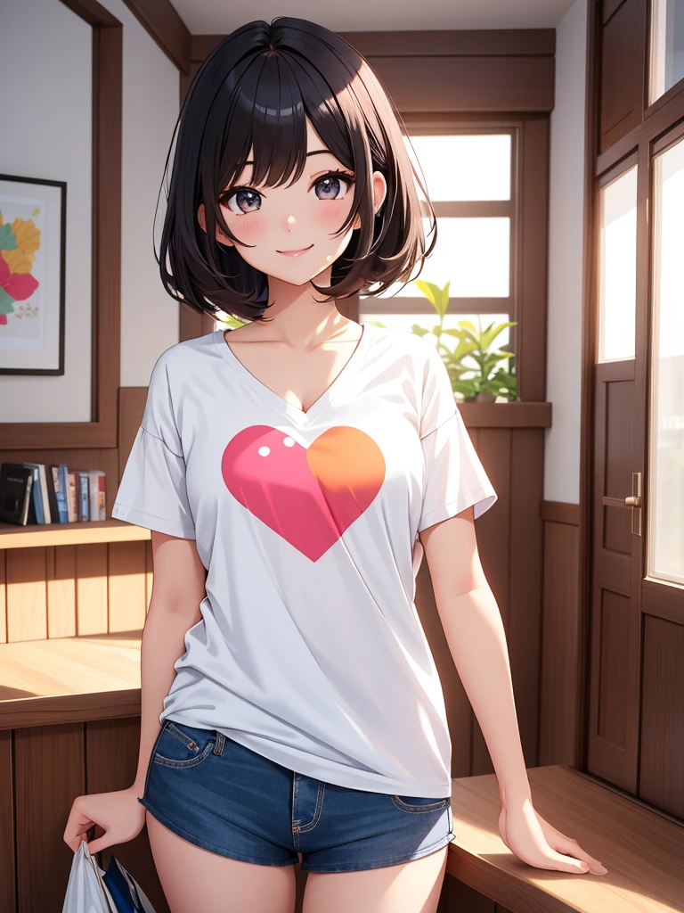best quality, 1girl, masterpiece ultra detailed, illustration, glossy lips, indoors, standing, (short shorts, micro_shorts, v-neck t-shirt), light smile, looking back at viewer