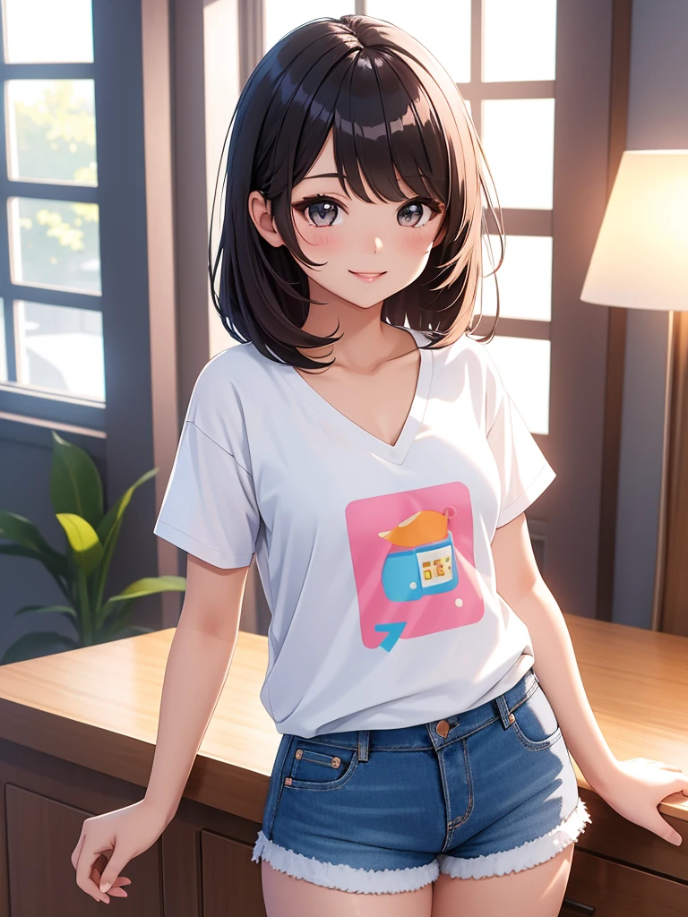 best quality, 1girl, masterpiece ultra detailed, illustration, glossy lips, indoors, standing, (short shorts, micro_shorts, v-neck t-shirt), light smile, looking back at viewer