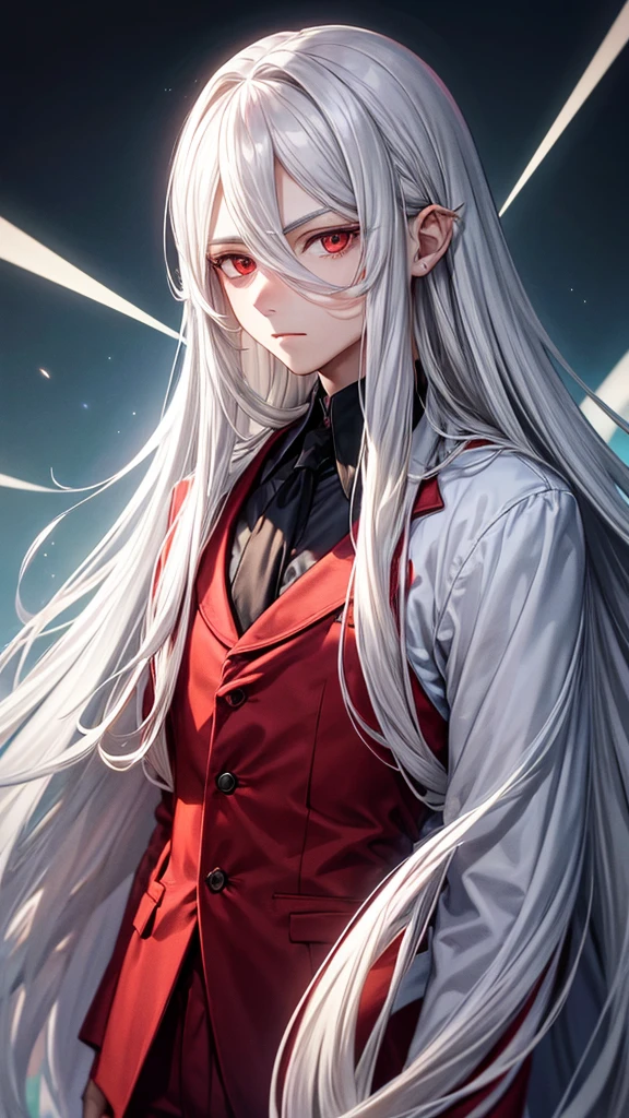 young man with long hair,white hair,red eyes,(oval face) Cold person (Triangular shaped head)Wear a suit