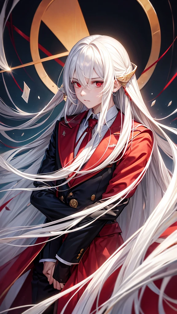 young man with long hair,white hair,red eyes,(oval face) Cold person (Triangular shaped head)Wear a suit