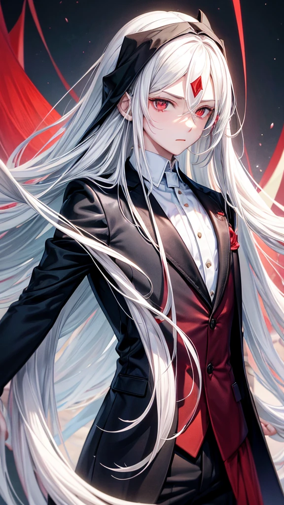 young man with long hair,white hair,red eyes,(oval face) Cold person (Triangular shaped head)Wear a suit