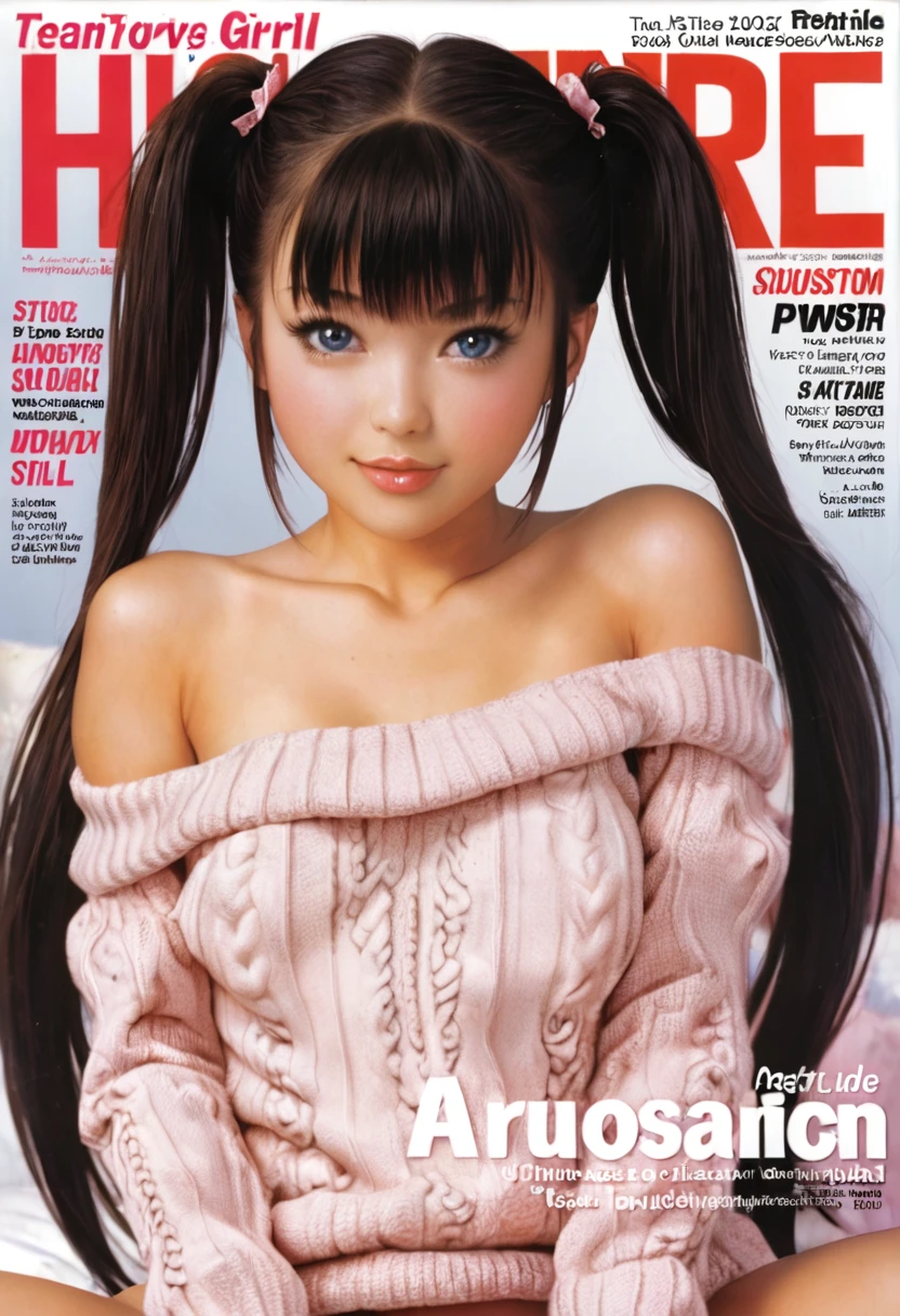 Magazine cover,Twin Tails,Beautiful little girl(Wear an off-shoulder sweater),,(Smooth skin),E7E48U，Sexual arousal，Small Breasts