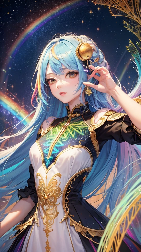 (masterpiece, Highest quality, Highest quality, beautifully、aesthetic:1.2)、Frontal face:1.5, (A woman facing forward、30th Generation), Very detailed,(Fractal Art:1.5),{{Rainbow colored hair}},colorful, Most detailed, Perfect Face, Upper Body, High resolution, Milky Way, (Particles of light),Colorful particles of light surround the area., Sparkling、(Dynamic stripes, Rainbow's trajectory:1.2), Vibrant colors,{{Watching the audience:2}}、The crystals shine、Crystal Ball、Lucky rainbow bird、Money、rainbow、Shiny Dress、shin eyes