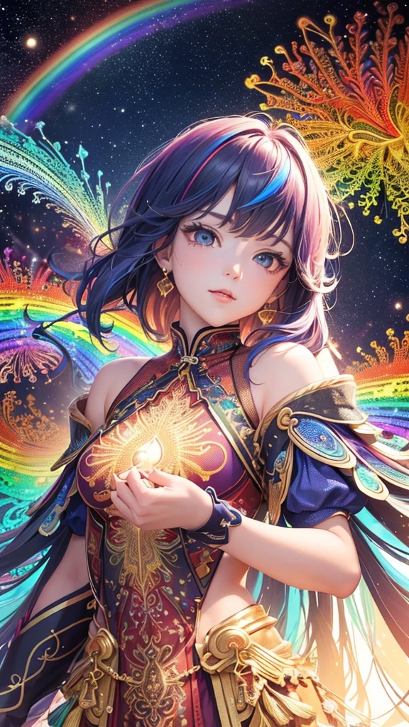 (masterpiece, Highest quality, Highest quality, beautifully、aesthetic:1.2)、Frontal face:1.5, (A woman facing forward、30th Generation), Very detailed,(Fractal Art:1.5),{{Rainbow colored hair}},colorful, Most detailed, Perfect Face, Upper Body, High resolution, Milky Way, (Particles of light),Colorful particles of light surround the area., Sparkling、(Dynamic stripes, Rainbow's trajectory:1.2), Vibrant colors,{{Watching the audience:2}}、The crystals shine、Crystal Ball、Lucky rainbow bird、Money、rainbow、Shiny Dress、shin eyes