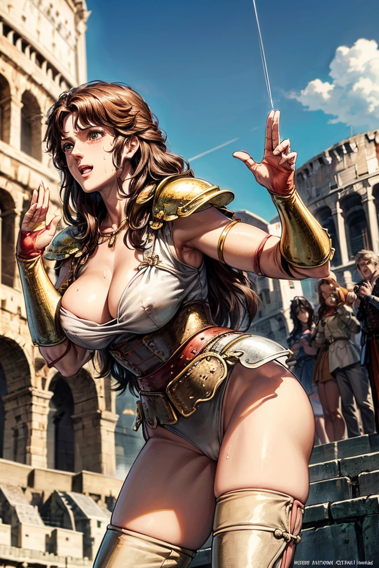 (Mom,Undershirt,1 mature muscular woman ,Shoulder guard,Leg guards,Brown Hair,Age 25), Large Breasts,Cleavage,Erect nipples,Perfect hands, Perfect Fingers,Perfect Anatomy, masterpiece, Highest quality,Realistic, hyperRealistic, 16k hdr,(Fantasy World,Medieval,,Outdoor,Colosseum Background:1.3),(Cool Beauty,smile),(Sexy pose,Raise your hand:1.2),Dynamic Angle,Leaning forward,Sweat