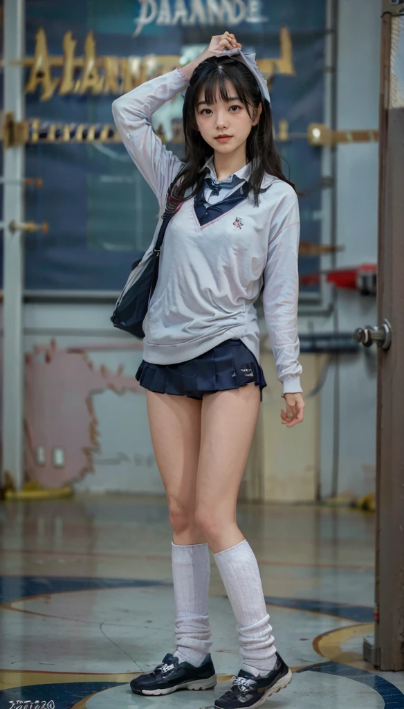 (photorealistic:1.4), (fullbody shot), (short stature),best quality, masterpiece, raw 32k photo, (extremely detailed japanese beautiful girl), (extremely detailed eyes:1.2),(baby face), (cute face:1.2), ultra-detailed, ultra high res, amazing, BREAK,standing,
(school uniform:1.5),detailed school girl, (disneyland:1.4), beautiful detailed girl, bangs, cute face, miniskirt,(baggysocks)