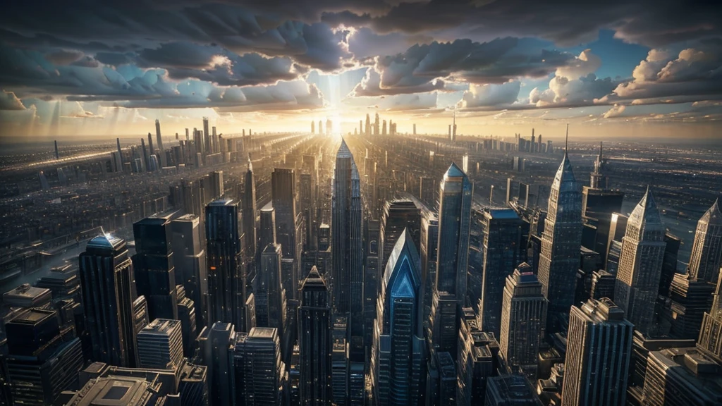 A dramatic scene featuring people ascending towards the sky amidst a cityscape with tall buildings. The sky is glowing with a mystical light, and a sense of awe and wonder is portrayed. The image captures the moment of people floating upwards in various poses, creating a rapturous atmosphere, with no text in the image.