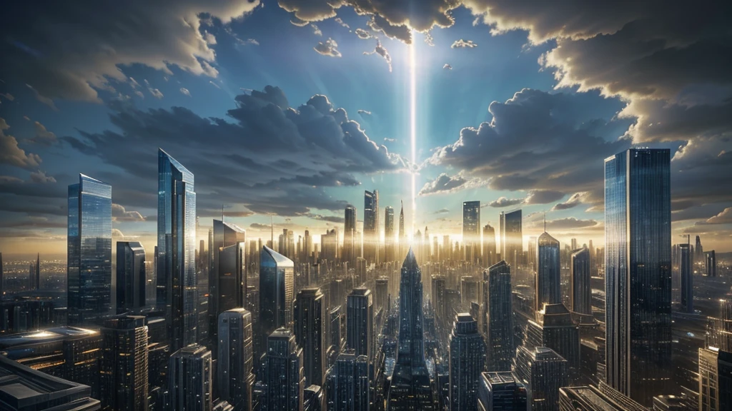 A dramatic scene featuring people ascending towards the sky amidst a cityscape with tall buildings. The sky is glowing with a mystical light, and a sense of awe and wonder is portrayed. The image captures the moment of people floating upwards in various poses, creating a rapturous atmosphere, with no text in the image.