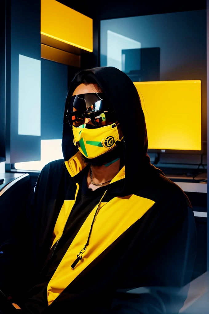 Prompt to create an avatar like this: ANIME FRIENDLY LOOKING MALE BUSINESS CHARACTER WHO IS WEARING A BLACK FACE MASK, A YELLOW HOODIE AND SUNGLASSES. HE IS SITTING BEHIND HIS LAPTOP IN HIS OFFICE, ARMS ON HIS DESK. IT IS NIGHT. THE ROOM HAS VOLUMETRIC LIGHTING. HE IS FRONT FACING TO THE CAMERA, LOOKING STRAICHT AND CENTERED, CENTRAL PORTRAIT, SITTING STRAIGHT, FRONT VIEW, CENTERED LOOKING STRAIGHT. THE OVERALL AMBIANCE OF THE IMAGE SHOULD CONVEY A CONNECTION TO MINIMALISM, FLAT ILLUSTRATION, BOLD LINE, MINIMALISM, SIMPLIFIED, GOUACHE

ILLUSTRATION. 8K RESOLUTION