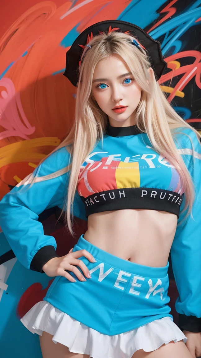 A captivating cinematic painting that masterfully combines illustration, photography, and painting techniques to create a visually striking and fashionable portrait. The subject, a self-assured woman with mesmerizing sky blue eyes and cascading blonde hair, exudes elegance Versace in her bold graffiti-inspired white top adorned with vivid designs and a striking black skirt adorned with red dots. The background is a dynamic and eye-catching graffiti mural, showcasing abstract shapes and patterns in vivid shades of red, blue, yellow, and pink. The dramatic pose and energetic atmosphere make this piece a stunning representation of fashion and art., vibrant, cinematic, fashion, portrait photography, illustration, photo, painting
