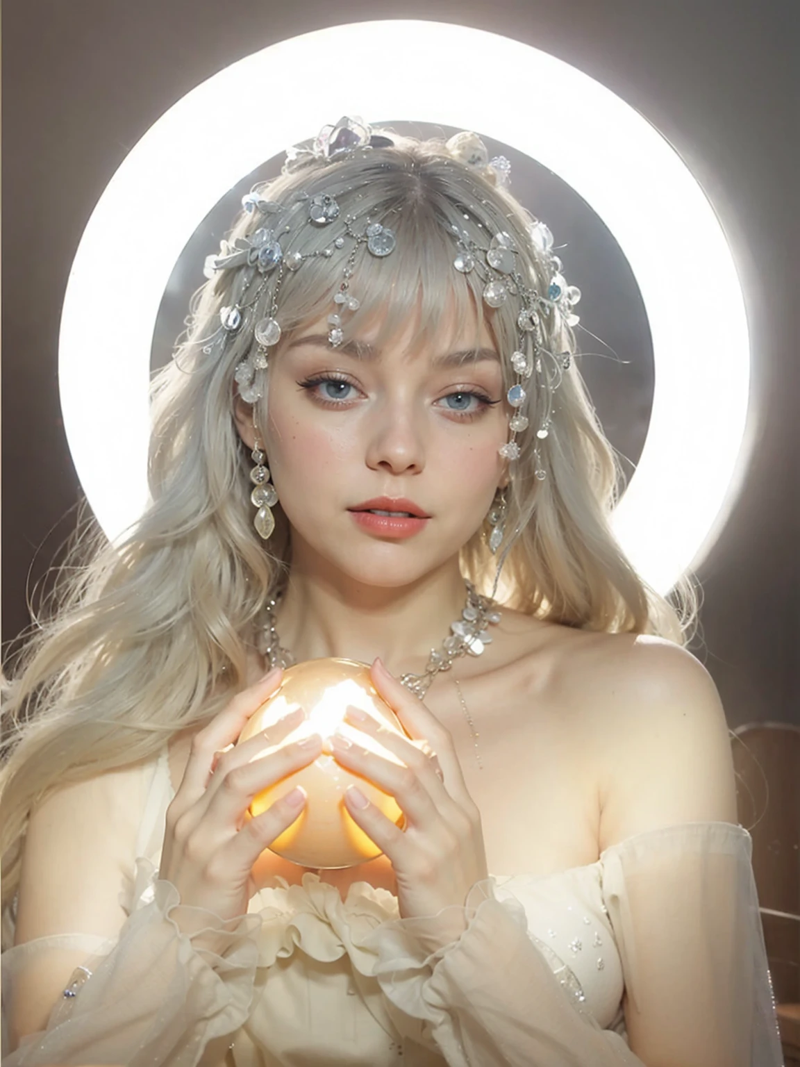 Realistic photo of a beautiful 4m4nd4s-v2 woman, 1girl, 独奏,((deep red lips)), long hair, smile, blonde hair, jewelry, green eyes, earrings, lips, realistic, soft lighting, professional Photography, Photorealistic, detailed, RAW, analogue, sharp focus, 8K, HD, dslr, high quality, Fujifilm XT3, film grain, award winning, masterpiece,Blue Eyes,18 years old foreign girl,Holding a glowing crystal ball in hand
