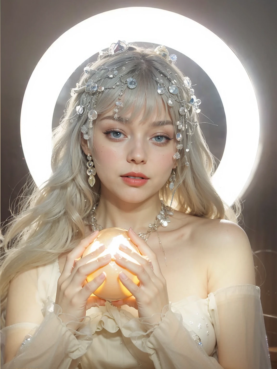 Realistic photo of a beautiful 4m4nd4s-v2 woman, 1girl, 独奏,((deep red lips)), long hair, smile, blonde hair, jewelry, green eyes, earrings, lips, realistic, soft lighting, professional Photography, Photorealistic, detailed, RAW, analogue, sharp focus, 8K, HD, dslr, high quality, Fujifilm XT3, film grain, award winning, masterpiece,Blue Eyes,18 years old foreign girl,Holding a glowing crystal ball in hand