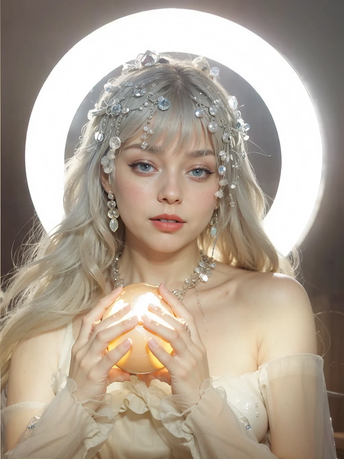 Realistic photo of a beautiful 4m4nd4s-v2 woman, 1girl, 独奏,((deep red lips)), long hair, smile, blonde hair, jewelry, green eyes, earrings, lips, realistic, soft lighting, professional Photography, Photorealistic, detailed, RAW, analogue, sharp focus, 8K, HD, dslr, high quality, Fujifilm XT3, film grain, award winning, masterpiece,Blue Eyes，18 years old foreign girl，Holding a glowing crystal ball in hand