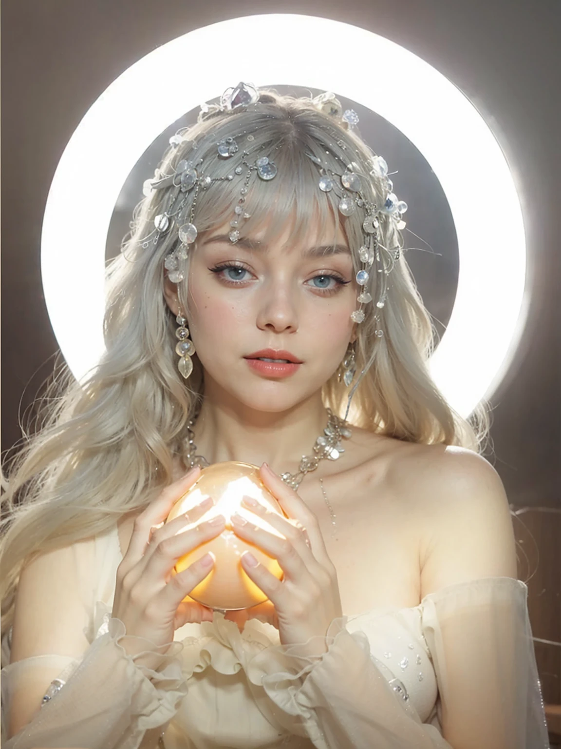 Realistic photo of a beautiful 4m4nd4s-v2 woman, 1girl, 独奏,((deep red lips)), long hair, smile, blonde hair, jewelry, green eyes, earrings, lips, realistic, soft lighting, professional Photography, Photorealistic, detailed, RAW, analogue, sharp focus, 8K, HD, dslr, high quality, Fujifilm XT3, film grain, award winning, masterpiece,Blue Eyes,18 years old foreign girl,Holding a glowing crystal ball in hand