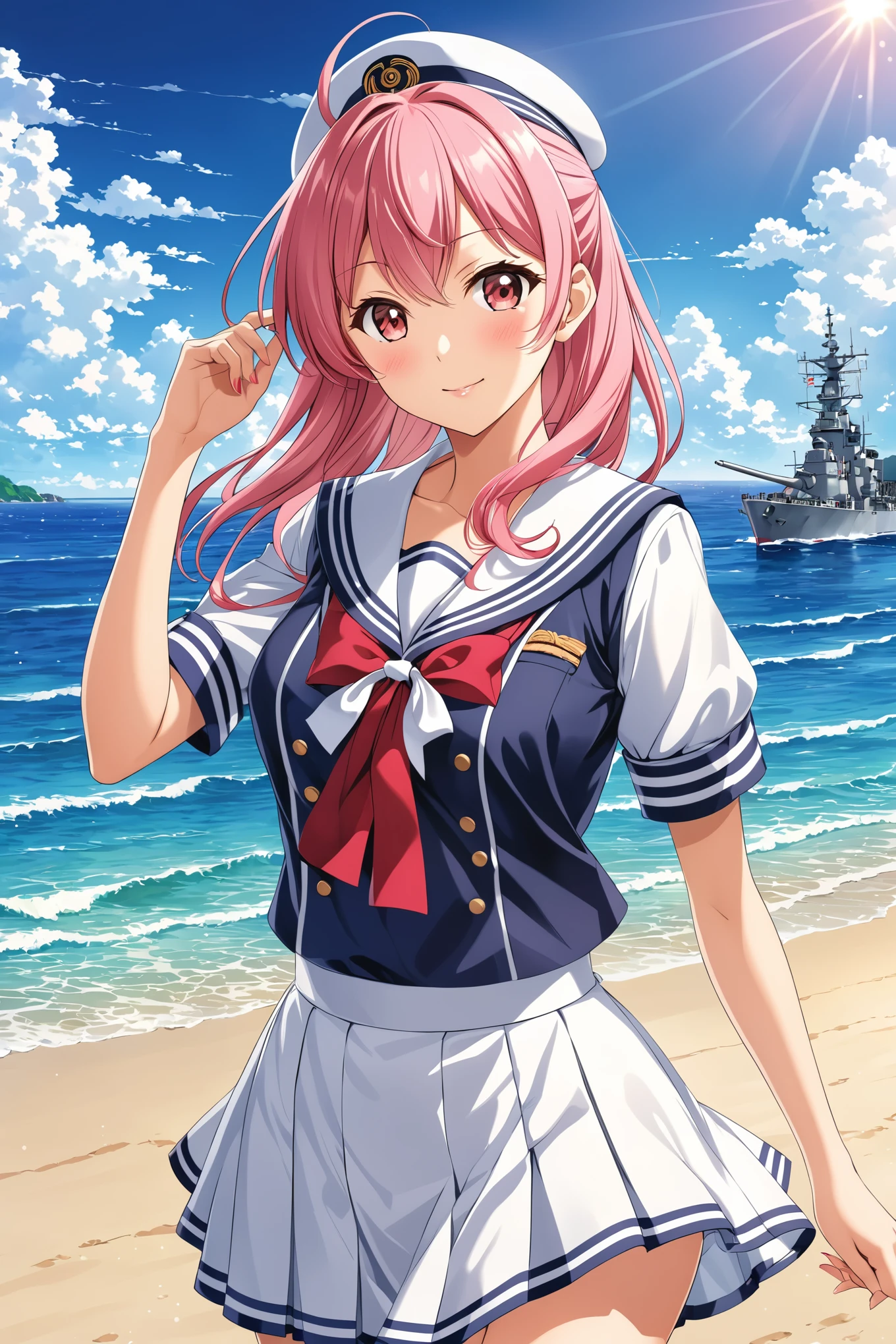 (Ultra-detailed illustrations:1.2),Anime Girls in sailor outfit standing on beach with sun shining, Kantai Collection Style, Cute girl anime visuals, Beautiful anime school girl, junko enoshima, Smooth anime CG art, maAlso kitagawa fanart, Official Artwork, attractive Anime Girls, (Anime Girls), Also, Official Art, Fine details. Girls&#39; Frontline, Anime Best Girl, portrait Anime Girls