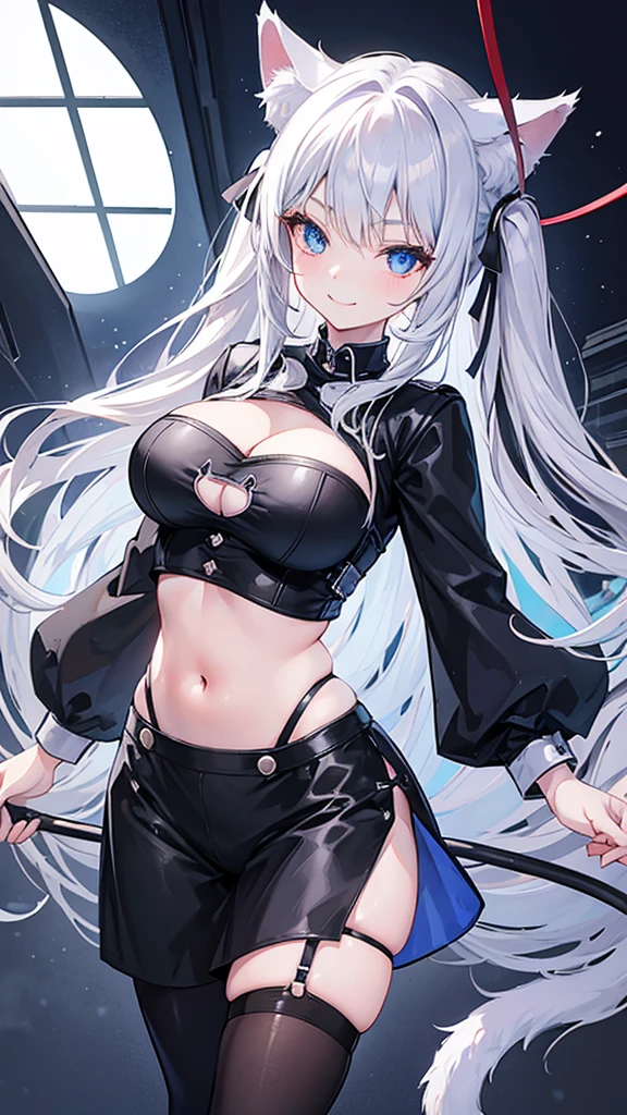 cat ears, slightly approximate, blue eyes, silver hair, long straight hair, navel, , Black uniform, leash, very large breasts,il, cute, smile brightly