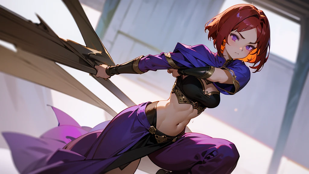 Anime style. She is a warrior and looks aggressive. She is fighting. Her hair are very short. A young woman with very short, bob cut, slightly wavy red hair and captivating purple eyes, depicted in a detailed anime style. She has a slim, athletic build and an alluring, slightly shy expression. She is dressed in revealing, medieval-inspired attire designed to emphasize her erotic appeal. Her medieval outfit consists of a loosely fitted, open-front shirt that exposes her midriff and has a deep neckline, paired with a very short skirt made of light, flowing fabric. The clothing is minimally protective, highlighting her figure and curves. She stands in a suggestive pose. Medieval open clothes. She has strong athletic body with six pack.