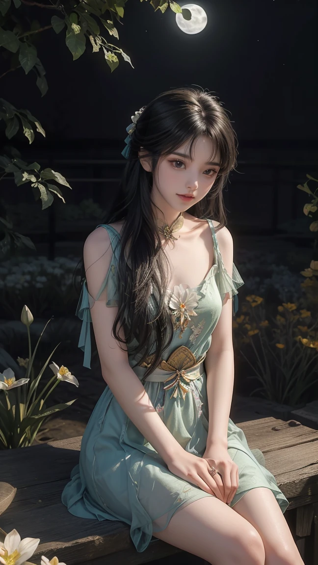 1girl, girl with long black hair, smiling, cheerful, girl is sitting among a wide expanse of flowers, surrounded by beautiful flowers, Calm and peaceful atmosphere, night, moonlight , Beautiful glowing butterflies surround the girl lighting up the darkness of the night, magic,Romantic, the night breeze blows the Sepoi Sepoi girl's hair, 