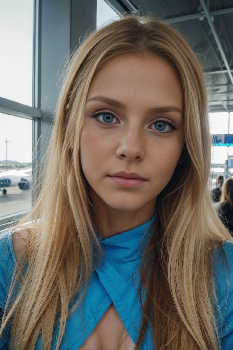 blue eye, in an airport, photo sexy, long hair blondes, en habit de tout les jours, Portrait, cheveux blonds et grands yeux, photo prise de loin, a young  women, sans maquillage, maquillage naturel, Regarder directement, 4K, in the camera, photo realiste,
