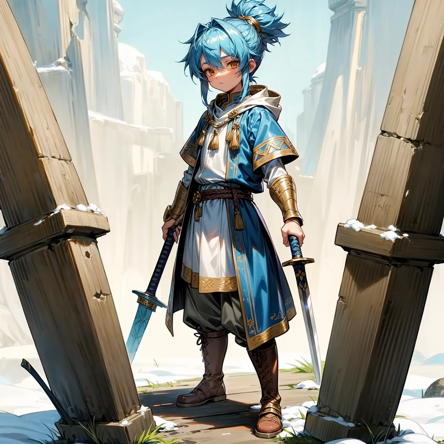 1little boy, Full body version, 1character, gold eyes color, Native skin, long cut hair, hooded eyes type, skyblue colour hair, medieval clothing style, orchid color clothing, Ancient roman boots, Gladius sword in hand, armor vest, Grassroots background in snow