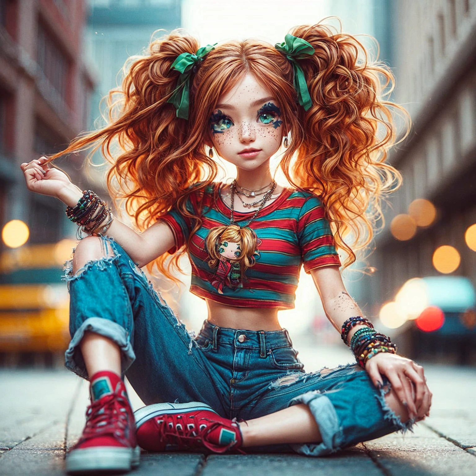 Fantasy sketchy alcohol ink. A pretty teenage girl with freckles, green eyes and long curly auburn blonde hair with pigtails tied with green ribbons and is adorned with bracelets, in a squatting position on the ground in a casual pose with one knee up and one leg extended. She is wearing ripped blue jeans, red sneakers, and a striped crop t-shirt featuring a cartoon character. The bokeh is an urban setting with buildings and the ground is paved.