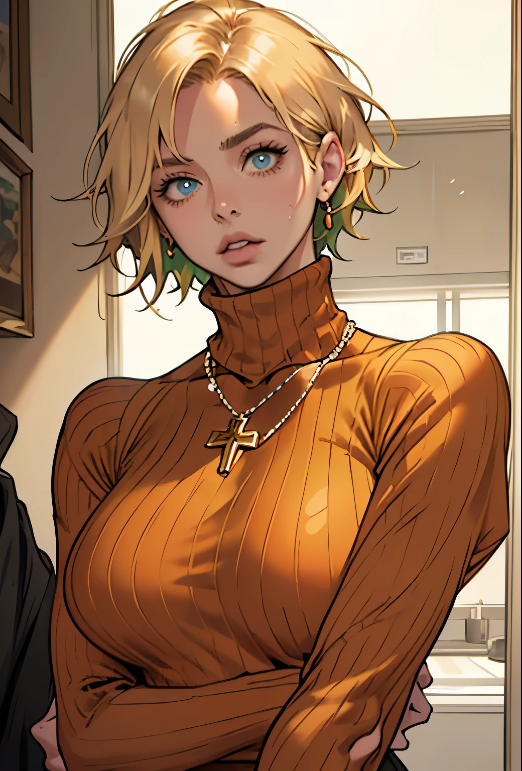 (masterpiece, Highest quality) One girl, Ashley Graham RE, alone, chest, View your viewers, short hair, blue eyes, shirt, Bare shoulders, jewelry, medium chest, Green Eyes, Upper Body, Blonde, parted lips, No sleeve, necklace, sweater, lips, turtleneck, Bobcut, ribbed sweater, Realistic, nose, No sleeve turtleneck, orange shirt, orange sweater,Remove your glasses,