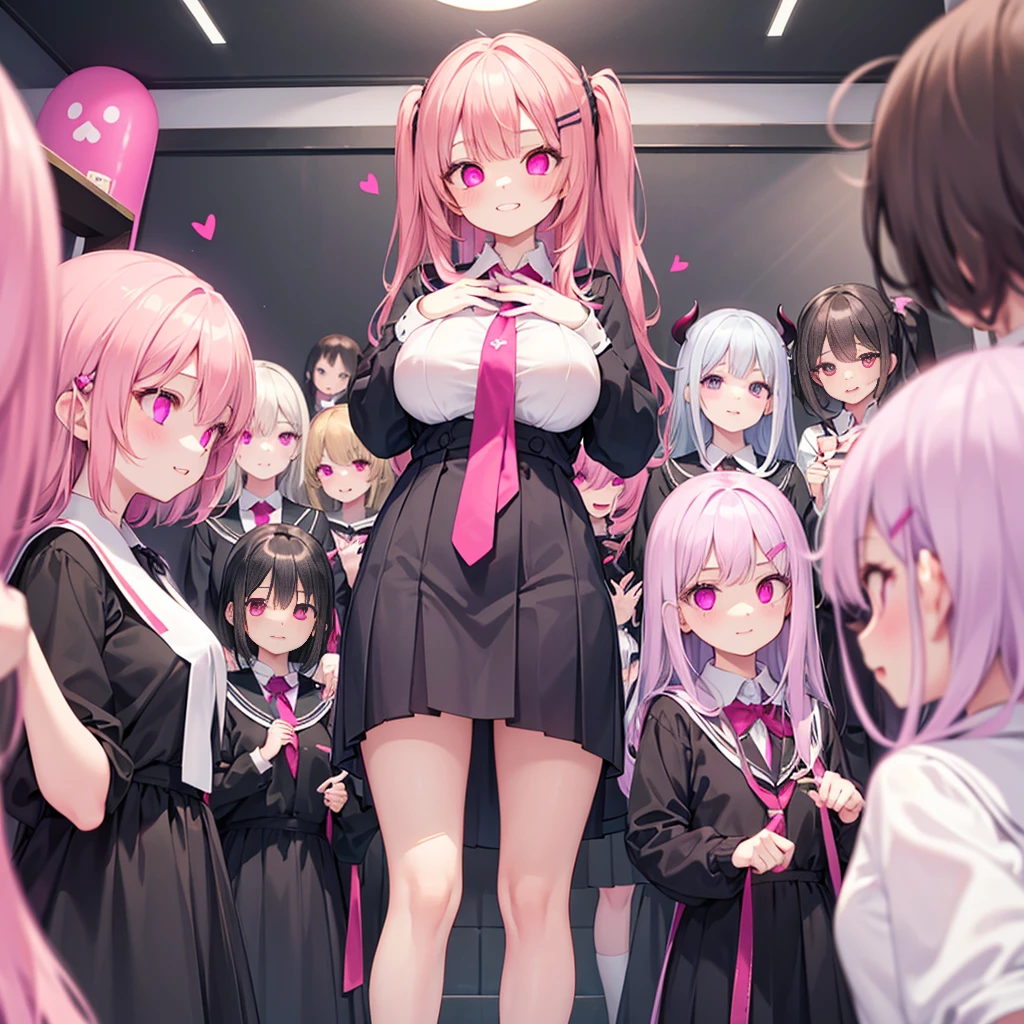 Details、Ultra-detail、​masterpiece、top-quality、Beautiful fece、A detailed eye、 、(focus panties), (I look up at the five girls from the ground.)、(Five girls are standing in a circle around me, looking down at me.:1.5)、circle、(seductive grin), (((5 giant girls)))、((angle from below)), 5 young face, (thighs), 5panties, (angle from under 5 girls),baby face,mesugaki,5 succubuses,(Pink ribbon:1.1)、(Two-side-up)、Pink tie、pink  bra、Shady face、Light pink hair、malicious smile、Bruises and ugly facial features、Young features、(Lori:1.2)、long-sleeve、puffy sleeves fluffy hair、Elementary school girls、Short stature、Chiquita、Colossal tits、(Put your hand on your face)、Buriko、Ruffled uniforms、hair clips、(Ridicule:1.1)、looking-down、Looking from below、Being looked down upon by girls、(Looking from below:1.2)、ultra gigantic tits、Pink heart symbol、Mass of heart、(Heart Effect:1.1)、(heart mark:1.1)、demon tail、Devil's Tail、Succubus、(ultra gigantic tits:1.3), (6+girls,multiple girls, crowd:1.3), 