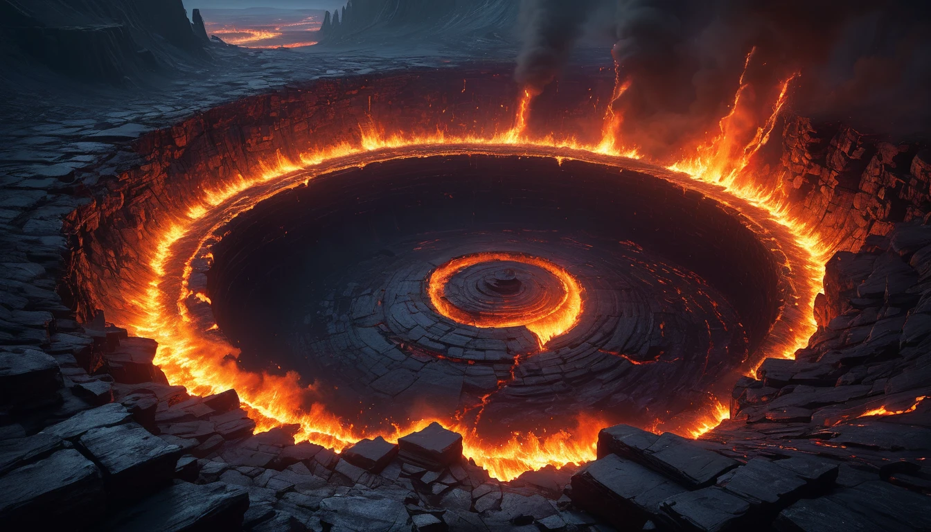 (anime, fantasy, sink hole), (detailed CG unity 8k wallpaper, masterpiece, best quality, ultra-detailed, HDR:1.2), vibrant colors, intricate, high FXAA, The underworld depicted as a dark, hellish sink hole, oblivion realm, dark fantasy, fire ring, thriller, burning lava