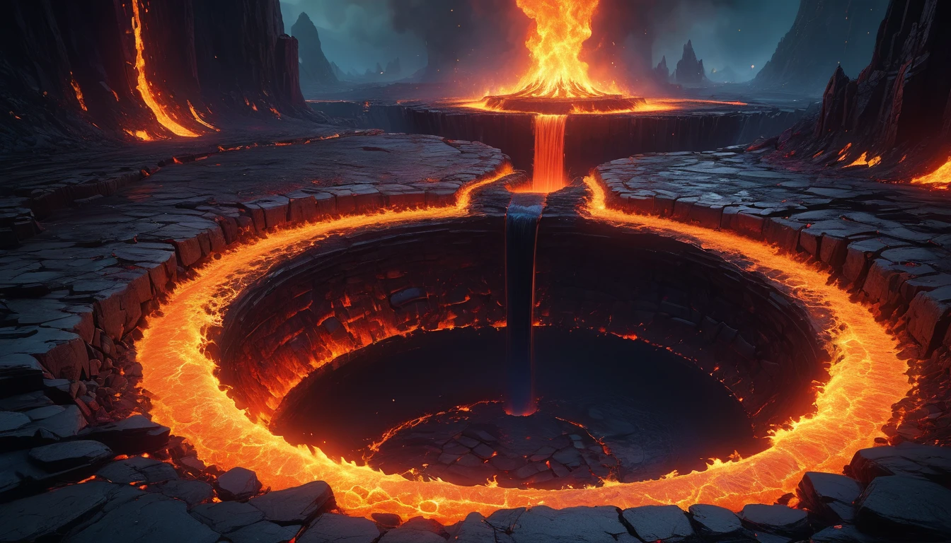 (anime, fantasy, sink hole), (detailed CG unity 8k wallpaper, masterpiece, best quality, ultra-detailed, HDR:1.2), vibrant colors, intricate, high FXAA, The underworld depicted as a dark, hellish sink hole, oblivion realm, dark fantasy, fire ring, thriller, burning lava