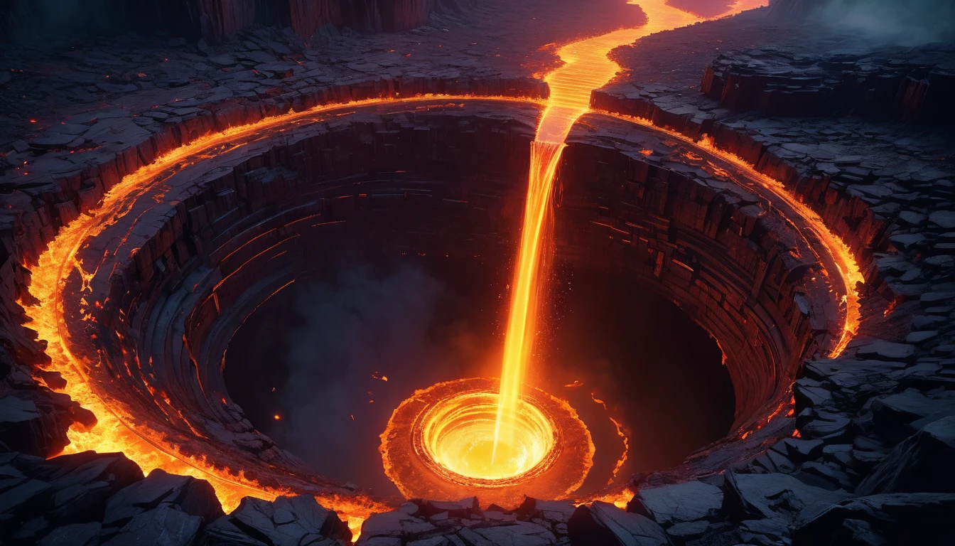 (anime, fantasy, sink hole), (detailed CG unity 8k wallpaper, masterpiece, best quality, ultra-detailed, HDR:1.2), vibrant colors, intricate, high FXAA, The underworld depicted as a dark, hellish sink hole, oblivion realm, dark fantasy, fire ring, thriller, burning lava