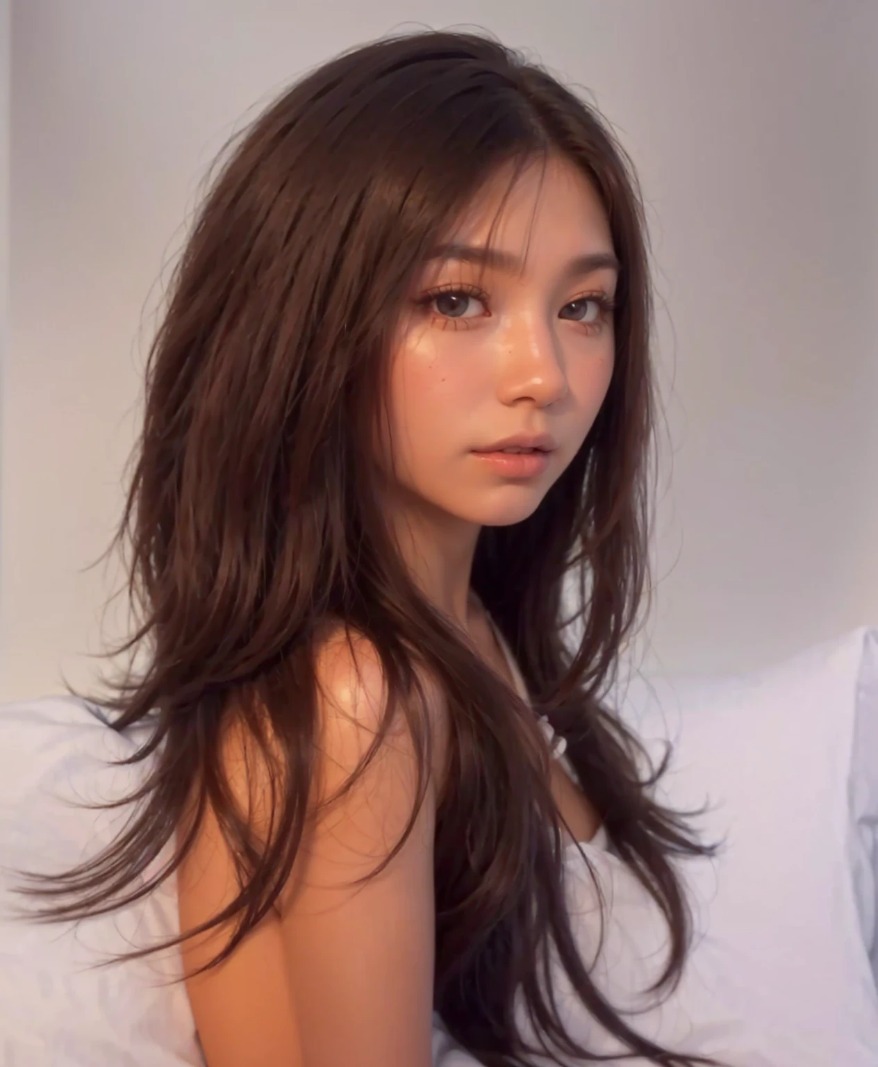 ((best quality、8K、masterpiece:1.3))、focus:1.2、(wide angle), IPhone 15promax wallpaper size, Beautiful woman perfect body:1.4、Fitness、((、Wavy curls:1.2))、(born, best quality, masterpiece:1.5), (actual, Intricate details:1.2) 、Sleepy face, ((Sleepy)), pretty face, Dark brown eyes, medium long hair, messy natural hair, ((Big breasts}), Bright skin, Kodak film fine grain, High contrast, Backlight ,moist body:1.5、delicate eyes、[brown hair]、slightly messy hair, Just woke up, on the bed, messy bed, white underwear, , ((read)) [Read a book], comfortable, Apartment bedroom, morning, warm sunshine, Backlight