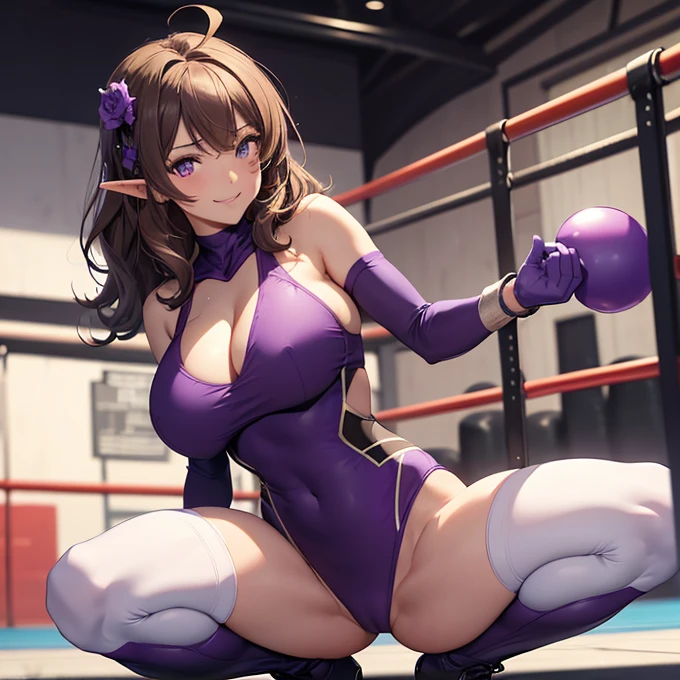 (absurdres, best high quality image, carefuly detailed features and textures, very detailed image, solo character alone, back character view): {{(1character: 900 years old elf noble mature beautiful milf), (her appearance: dark brown short spiky hair with ahoge, fair skin, purple eyes, brown eyebrows, absolute feminine elder beauty, beautiful and sexy features, huge breasts, tall voluptuous body, beautiful arms, beautiful legs, short pointy ears, beautiful hips, giant butt), (she wears: Purple one-piece wrestler leotard, cleavage, purple arm sleeves, white elbow pads, white gloves, purple wrestler boots, white knee pads), (she has: cheerful smile, cheerful face, cheerful expression, happy personality, toying and playful demeanor, confident pose, friendly), (She is doing: crouched at the castle's gym in the wrestling ring)}}