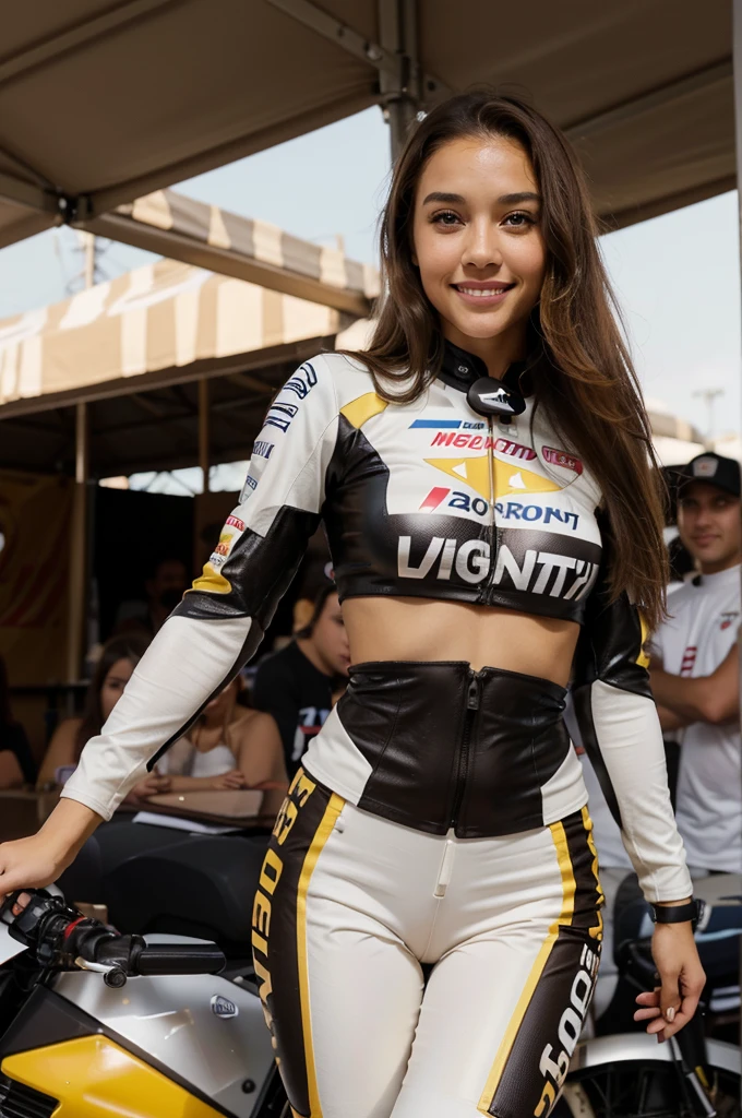 A girl with light skin, long brown hair, she has sparkling brown eyes, soft red cheeks, medium , she has a happy expression, she is smiling, she is happy, she is in the company of a friend of hers totally different from her, she is at the MOTO GP EVENT, wearing a tight-fitting suit of a MotoGP motorcyclist, , sinuous hips