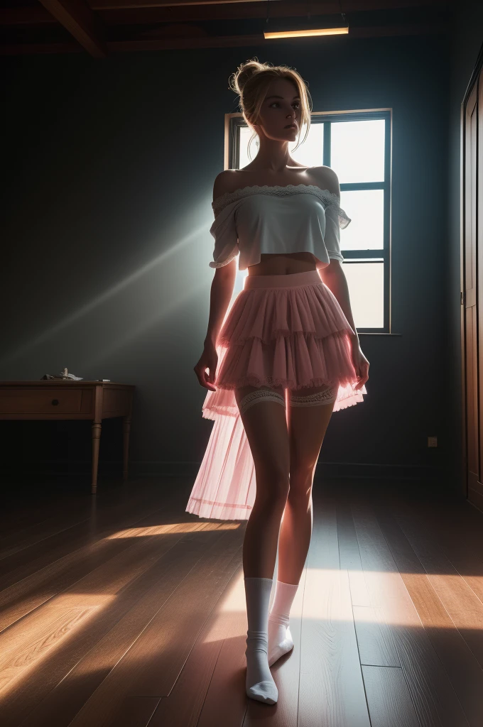 score_9, score_8_up, score_7_up, score_6_up, score_5_up, score_4_up, (8k, hd, best quality, masterpiece), (extremely detailed: 1.0), (ultra hyper-realistic photo: 1.3), (large and traditional dance studio, windows high, wooden floor in shiny waxed planks), (dramatic, theatrical cinematic lighting, strong dark contrasts, rays of sun enter through the window: 1.2)... (in the center of the room a beautiful young blonde, delicate appearance of an innocent doll, body small thin: 1.3), (hair tied in a bun tied with satin ribbons), (posture in an aplamb, erect and elongated body, head held high while maintaining balance), (wearing a wide cropped t-shirt, ripped off the shoulder and a layered pink tutu skirt with long lace edge socks)