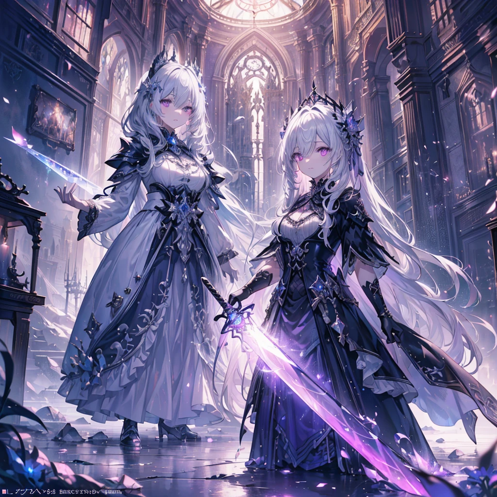 (highest quality, masterpiece, Super detailed, Extremely detailed, exquisite, 16k, disorganized, Full HD), Castles with Gothic architecture, luxurious and gorgeous decoration,(fairy knight princess, purple eyes, Big eyes, white skin, expensive, slim, spindly and long),(Decided, gone crazy, serious expression), (((prepare to attack with sword:1.2))), looking at the viewer, cover one eye, Bunching long hair back, gray hair, (fantasy, romantic atmosphere), theater studies, realistic, , (medium shot), (from below), low angle shot, Front view, ((symmetrical configuration)), shine, (dramatic lighting), (cinematic lighting), (volume lighting), (dynamic lighting), (bright colors), bright colors, warm colors, (architectural photography)