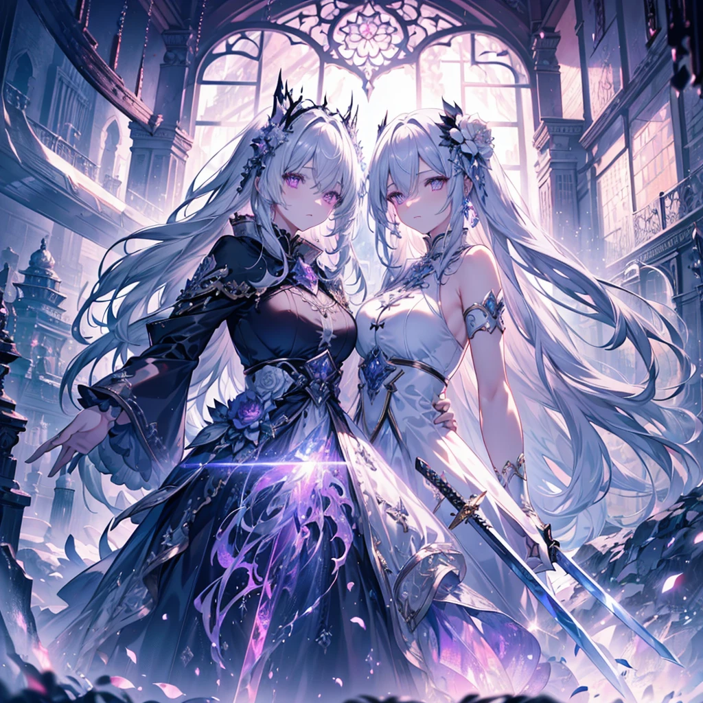 (highest quality, masterpiece, Super detailed, Extremely detailed, exquisite, 16k, disorganized, Full HD), Castles with Gothic architecture, luxurious and gorgeous decoration,(fairy knight princess, purple eyes, Big eyes, white skin, expensive, slim, spindly and long),(Decided, gone crazy, serious expression), (((prepare to attack with sword:1.2))), looking at the viewer, cover one eye, Bunching long hair back, gray hair, (fantasy, romantic atmosphere), theater studies, realistic, , (medium shot), (from below), low angle shot,  Front view, ((symmetrical configuration)), shine, (dramatic lighting), (cinematic lighting), (volume lighting), (dynamic lighting), (bright colors), bright colors, warm colors, (architectural photography)