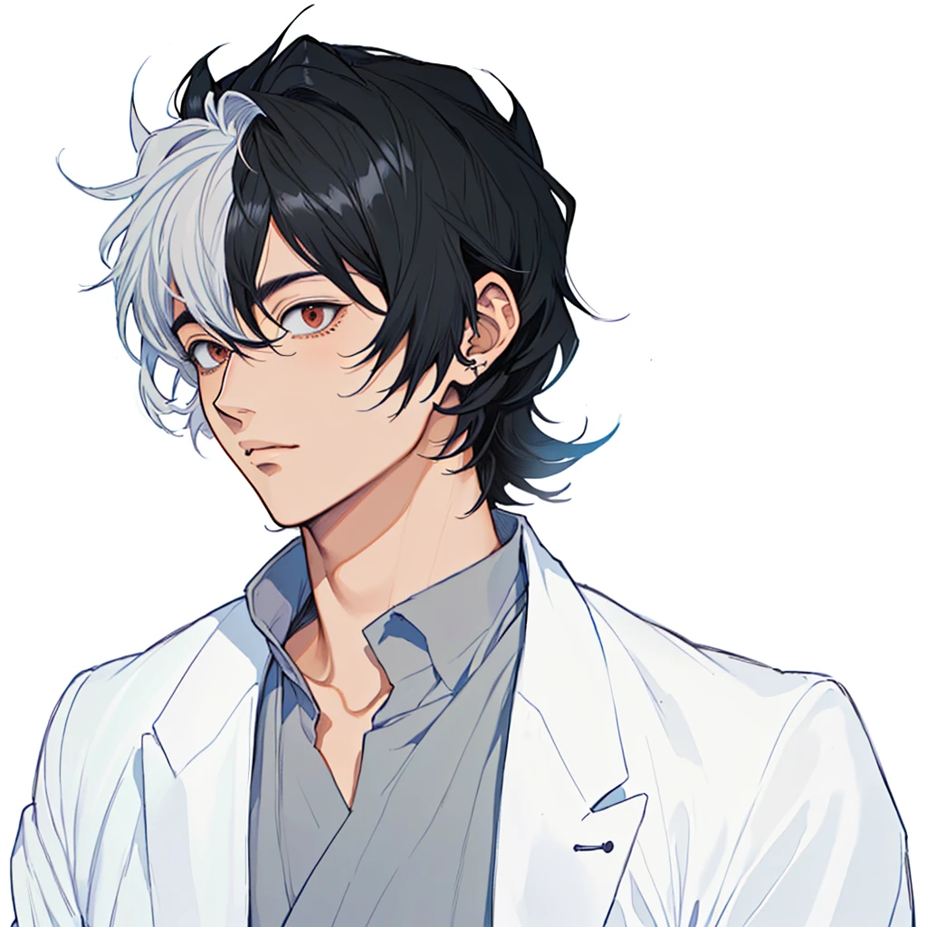 A painting of a man with black hair wearing a white jacket, inspired by Okumura Togyu, Gray hair black hair, He has dark grey hair, Kentaro Miura art style, Kentaro Miura Manga Style, Kentaro Miura's Manga Art Style, Male Anime Characters, Anime Handsome Man, Young Anime Guy