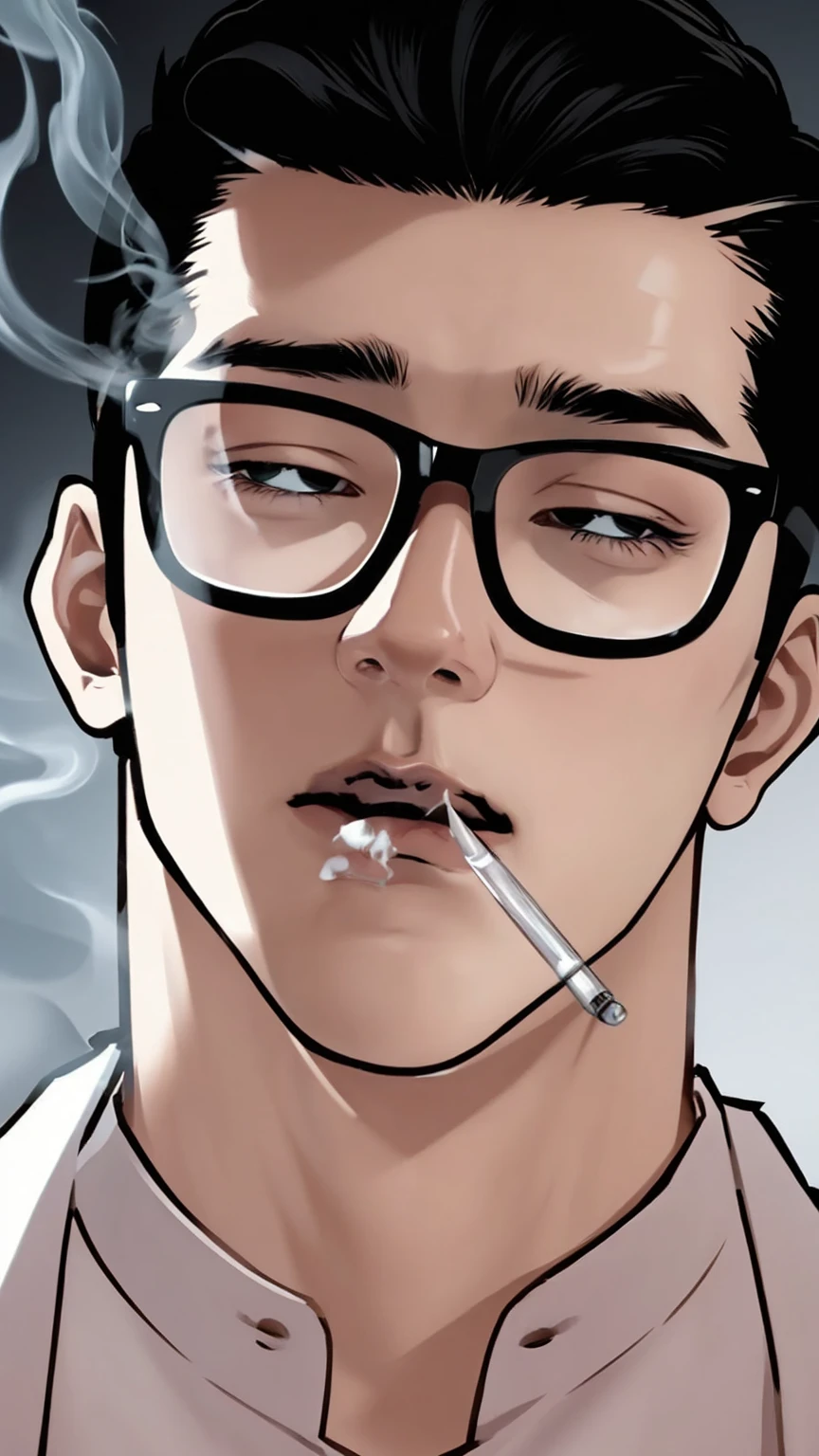 Create a digital illustration of a young man with an intense, he has injury between eyes, brooding expression. He should have sharp, angular features, short black hair styled in a modern quiff, and thick, dark eyebrows. Include large, square-framed glasses that dominate his face. The man is smoking a cigarette, with wisps of smoke curling upward. His gaze is directed slightly to the side, giving him a contemplative air.