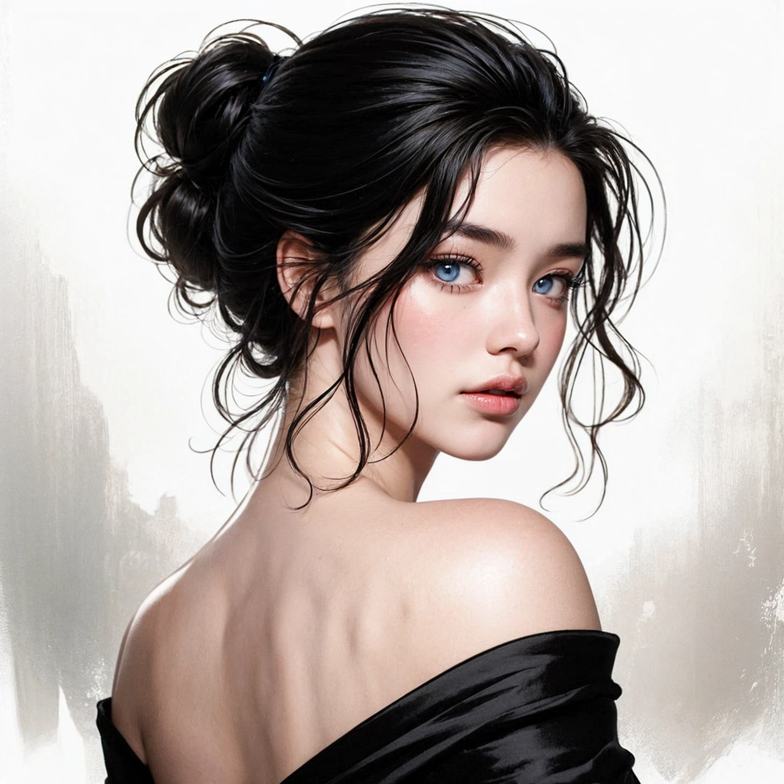 A digital illustration of a woman with black hair in a loose bun, looking over her shoulder. She has fair skin and rosy cheeks, with blue eyes and a serious expression. She is wearing a black, off-shoulder dress that exposes her back. The background is mostly white with some subtle splashes of color, giving a soft and artistic feel. The image has a realistic yet slightly stylized appearance, with smooth shading and detailed textures.