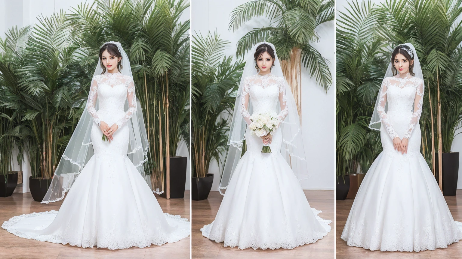 Best quality, 8k, 32k, Masterpiece, Masterpiece, (Photorealistic: 1.4), RAW photo, ultra realistic, 1girl, full body, wearing a white mermaid wedding dress, long-sleeve style, floor-length style, lace fabric, Take product photos in white room with indoor decorative palm tree, stand upright and look straight