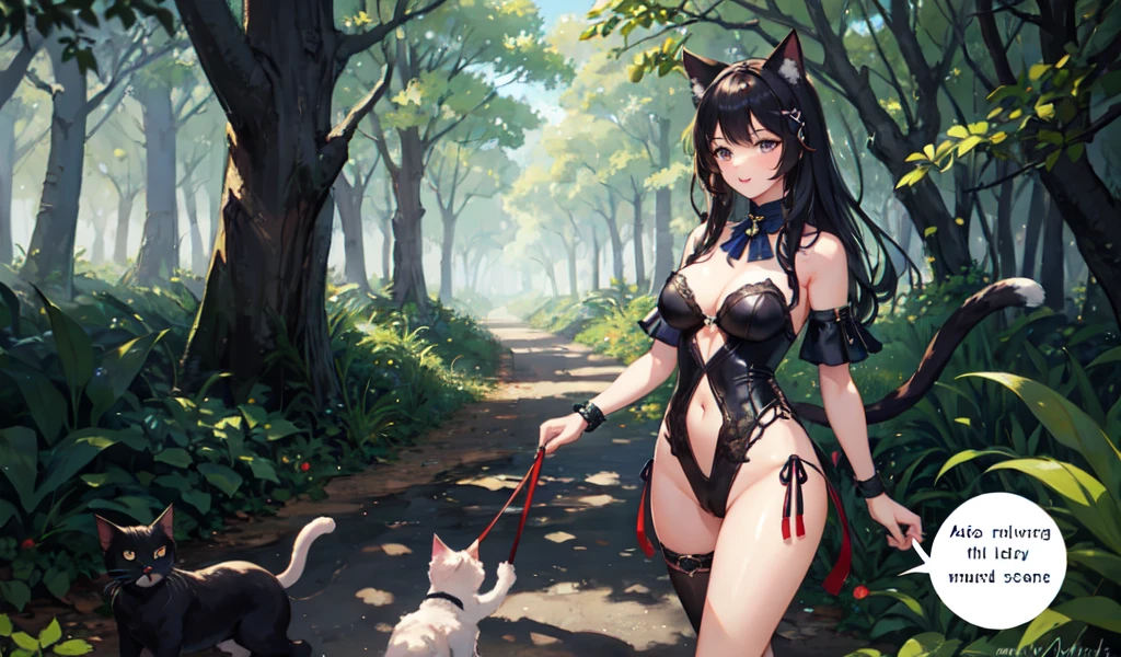 ((Highest quality)), ((masterpiece)), (detailed), 1 pretty girl, Please draw a beautiful woman with cat ears and a tail.,Add a little bit of sexiness,Please add some excitement,A walk in the woods