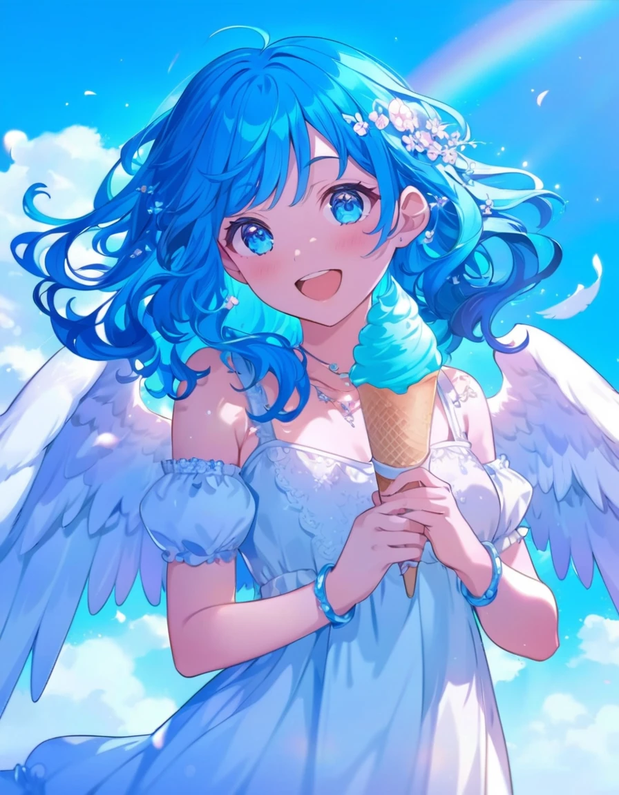 Blue haired anime girl holding an ice cream cone in front of a rainbow, of an beautiful Angel Girl, , Angel Girl, Anime Moe Art Style, Anime Style 4k, pixiv Contest Winner, High quality anime art style, Detailed fan art, Official artwork, Beautiful anime art style, Digital art on pixiv, Inspired by Marie Angel