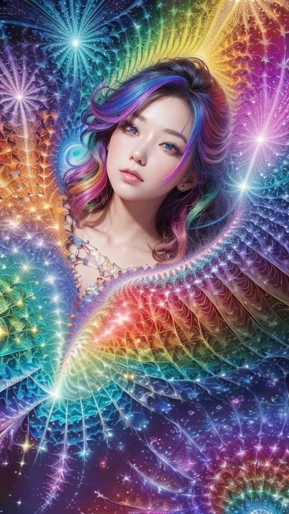 (masterpiece, Highest quality, Highest quality, beautifully、aesthetic:1.2)、Frontal face:1.5, (A woman facing forward、30th Generation), Very detailed,(Fractal Art:1.5),{{Rainbow colored hair}},colorful, Most detailed, Perfect Face, Upper Body, High resolution, Milky Way, (Particles of light),Colorful particles of light surround the area., Sparkling、(Dynamic stripes, Rainbow's trajectory:1.2), Vibrant colors,{{Watching the audience:2}}、The crystals shine、Crystal Ball、Lucky rainbow bird、Money、rainbow、Shiny Dress、shin eyes