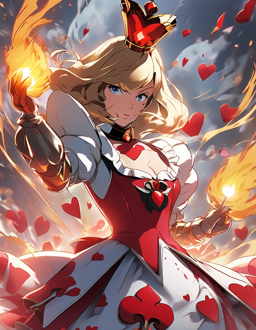 BREAK Perfect Anatomy、(High resolution:1.2)、Incredible illustrations、(Cute illustrations:1.2)、(Beautiful background)Queen of Hearts(Alice in Wonderland) The Queen of Hearts approaches at high speed and strikes with her flaming right palm.(Mobile Fighter G Gundam style)