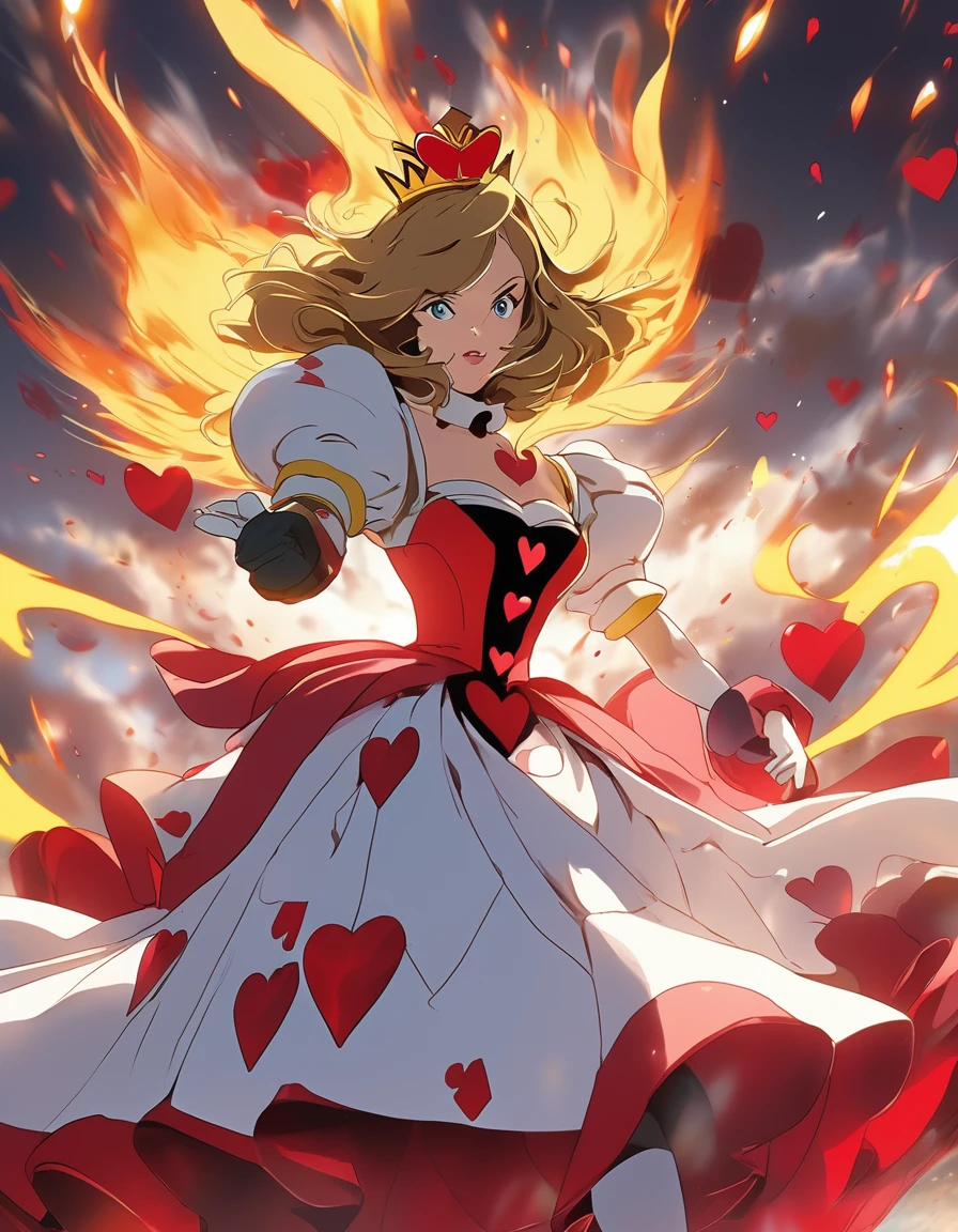 BREAK Perfect Anatomy、(High resolution:1.2)、Incredible illustrations、(Cute illustrations:1.2)、（Beautiful background）Queen of Hearts(Alice in Wonderland) The Queen of Hearts approaches at high speed and strikes with her flaming right palm.(Mobile Fighter G Gundam style）