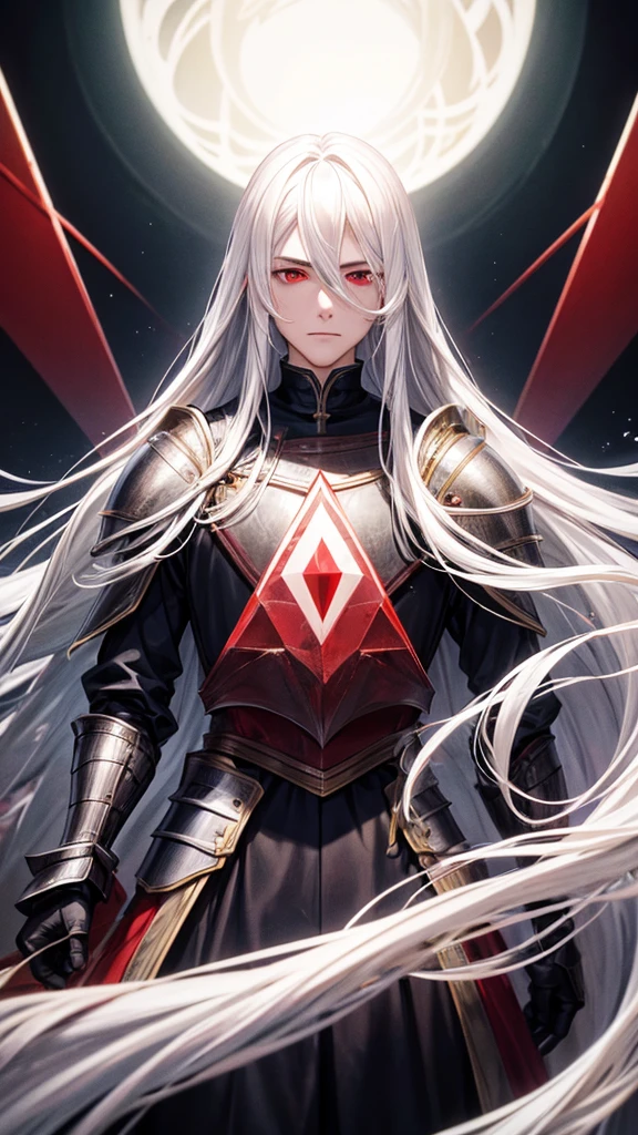 young man with long hair,white hair,red eyes,(oval face) Cold person (Triangular shaped head)Put on knight armor