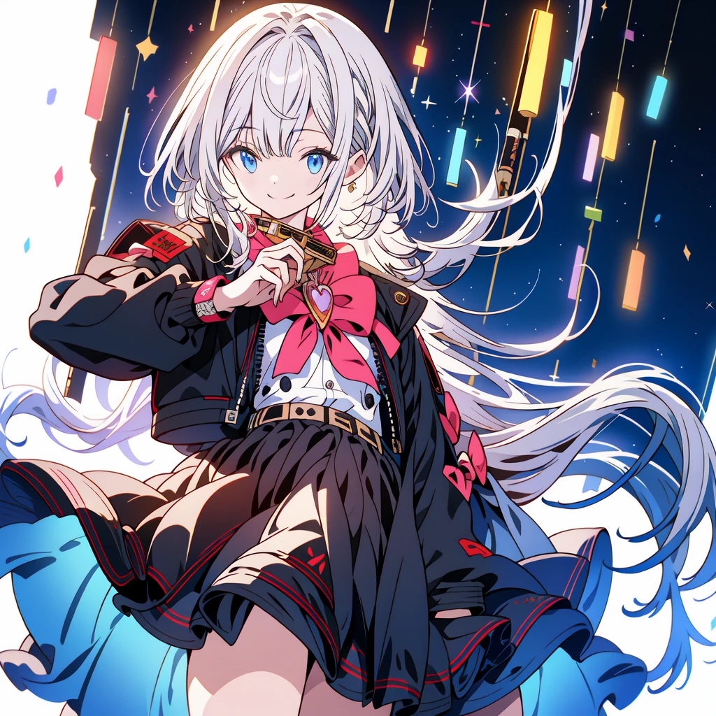 One girl、[17277fbe68],threatened hideo、smile、high quality、Maximum details、(((最high quality、masterpiece、Official Art、Best dynamic composition)))、(Thin Hair)、(Tabletop, 最high quality), Very detailed, Anime Style, whole body, Cyberpunk Girl, Gripping a high-tech rifle, Milky hair, Sparkling blue eyes, Wearing a magical girl costume , 8K high resolution, Trend Art Station, White Background, Standing in the Wilderness, whole body,
