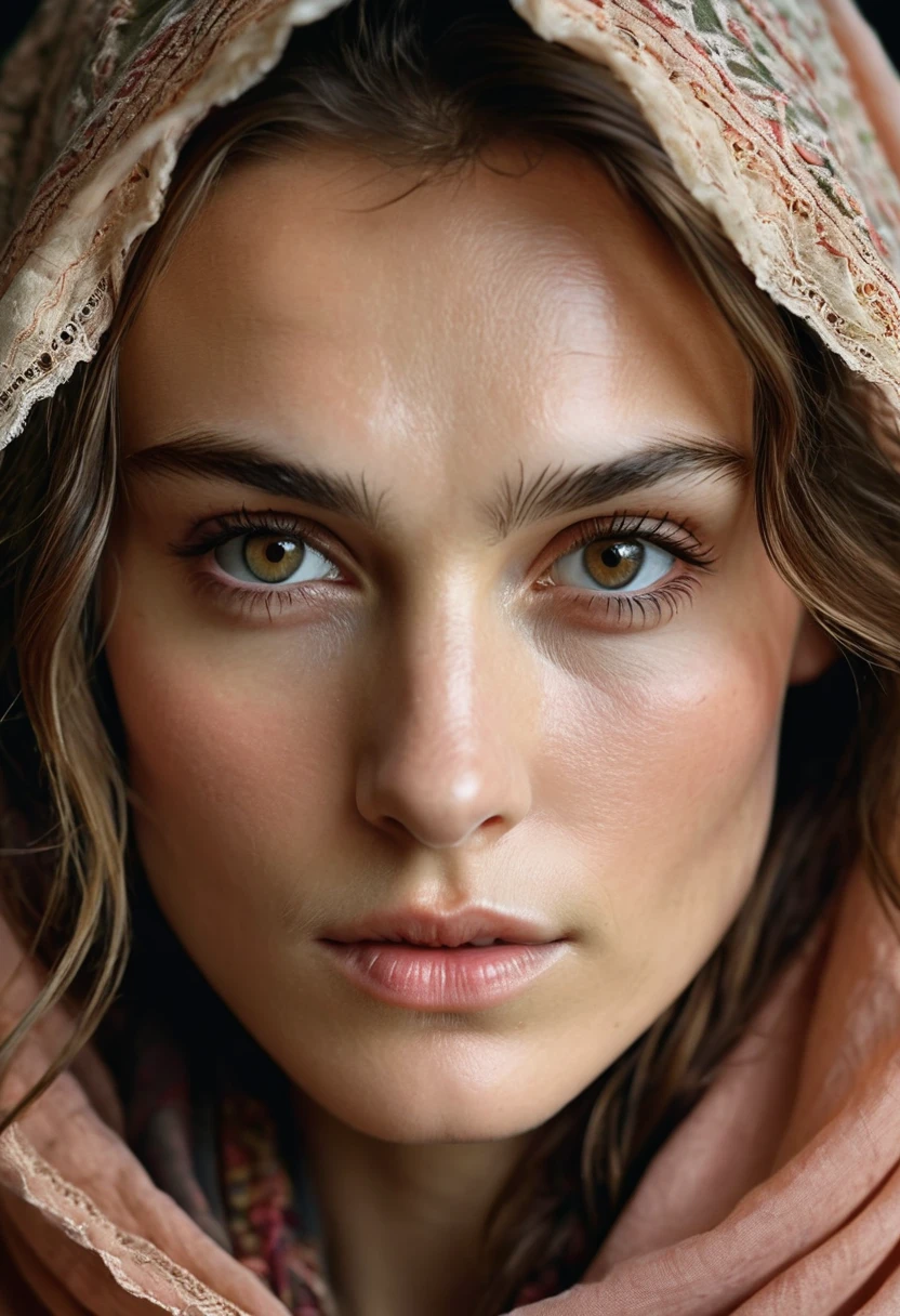 Face of Keira Knightley, a photorealistic portrait of a stunningly beautiful woman without make-up, extremely detailed light hazel eyes, detailed symmetric realistic face, natural skin texture, extremely detailed skin with skin pores, peach fuzz, messy hair, wearing shawl over her head, masterpiece, absurdres, award winning photo by lee jeffries, nikon d850 film stock photograph, kodak portra 400 camera f1.6 lens, extremely detailed, amazing, fine detail, rich colors, hyper realistic lifelike texture, dramatic lighting, unrealengine, trending on artstation, cinestill 800 tungsten, looking at the viewer, photo realistic, RAW photo, TanvirTamim, high quality, highres, sharp focus, extremely detailed, cinematic lighting, 8k uhd